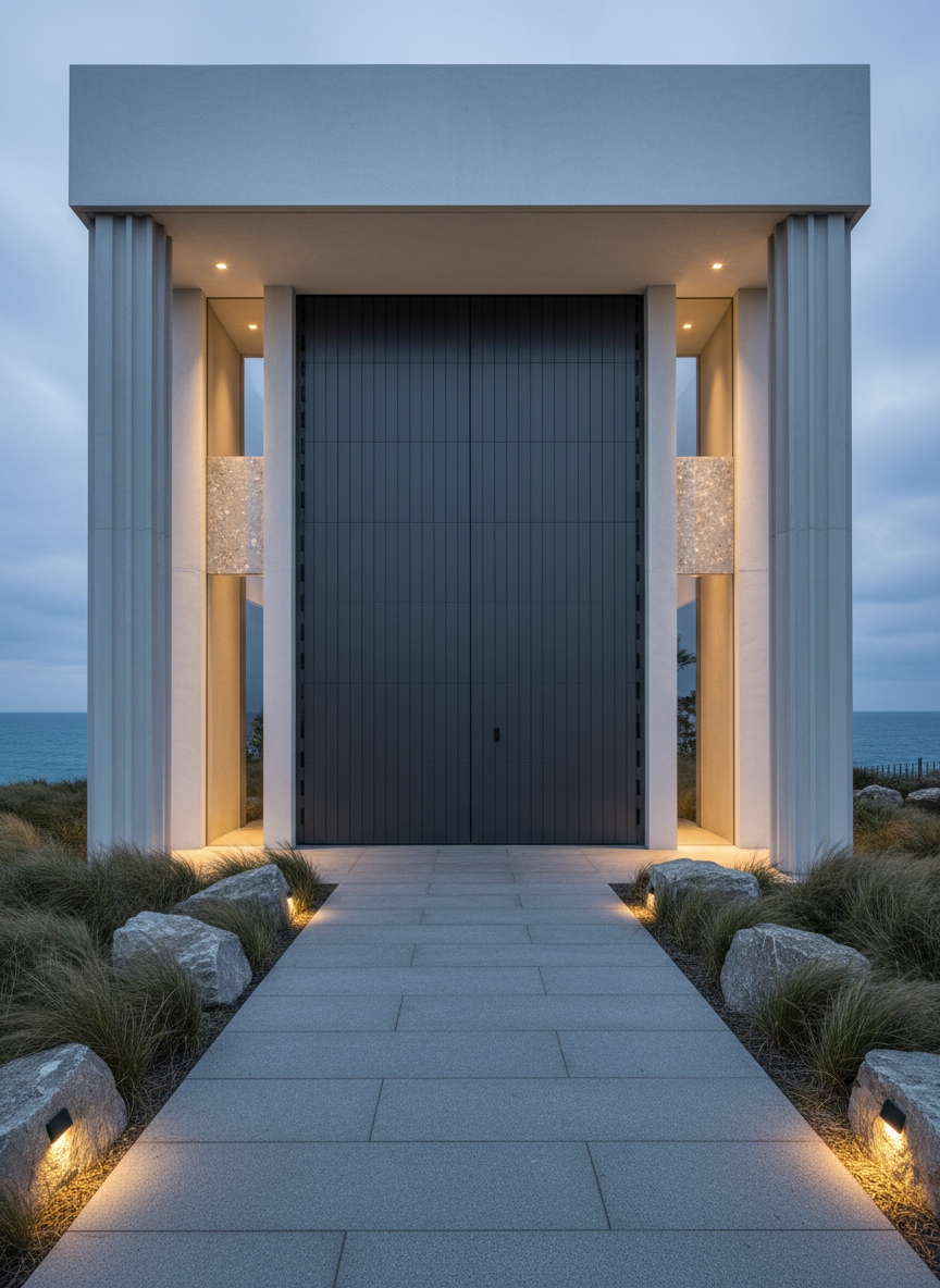 A fortress-grade coastal entryway featuring a massive pivot door clad in matte charcoal metal panels with fine vertical grooves, set within a monolithic white concrete frame. The approach is via a raised, salt-resistant stone walkway flanked by low, sculpted native grasses and angular, uplighted boulders. Discreet recessed fixtures cast warm evening light that grazes the heavily textured façade, revealing subtle patterns in the impact-resistant glass side panels. In the distance, a sliver of shimmering ocean is visible. Photographic realism highlights details like concealed hinges, marine-grade seals, and a sheltered overhang supported by thick structural columns. Shot from a slightly low, centered perspective, the composition emphasizes solidity and precision, creating a sophisticated, almost cinematic sense of arrival at an impenetrable yet elegant coastal stronghold.