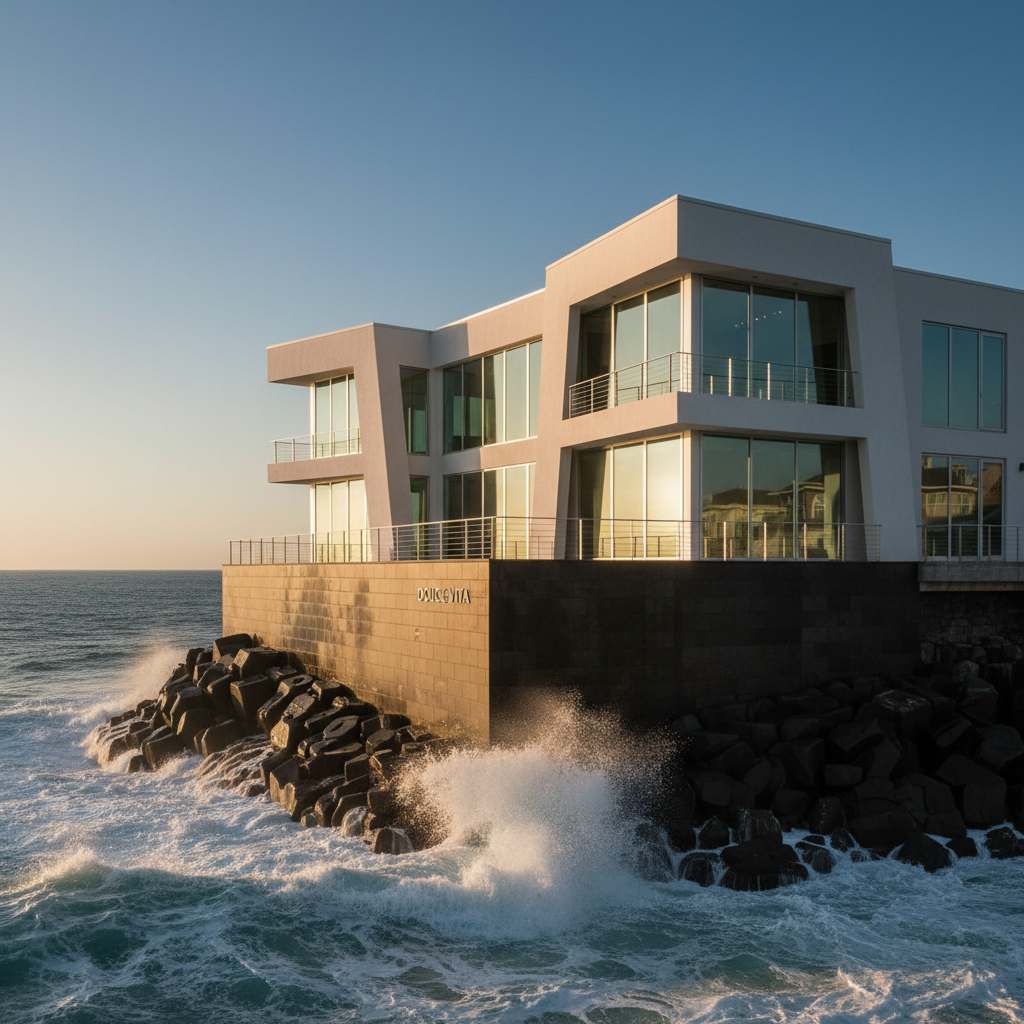 A sweeping, cinematic exterior view of a modern oceanfront estate named “Dolce Vita,” its angular white concrete walls and hurricane-rated floor-to-ceiling glass shimmering in the late afternoon sun. The home sits elevated above a rugged Atlantic shoreline, anchored on a massive reinforced foundation clad in sleek, dark stone. Atlantic waves crash dramatically against engineered seawalls below, sending mist upward. Golden hour light bathes the façade, catching stainless steel railings and reflecting off glass balcony balustrades, while deep shadows define the powerful geometry. Captured in photographic realism from a slightly low, wide-angle perspective, the composition emphasizes both the serene blue horizon and the fortress-like strength of the structure, evoking a mood of sophisticated, invincible coastal luxury.