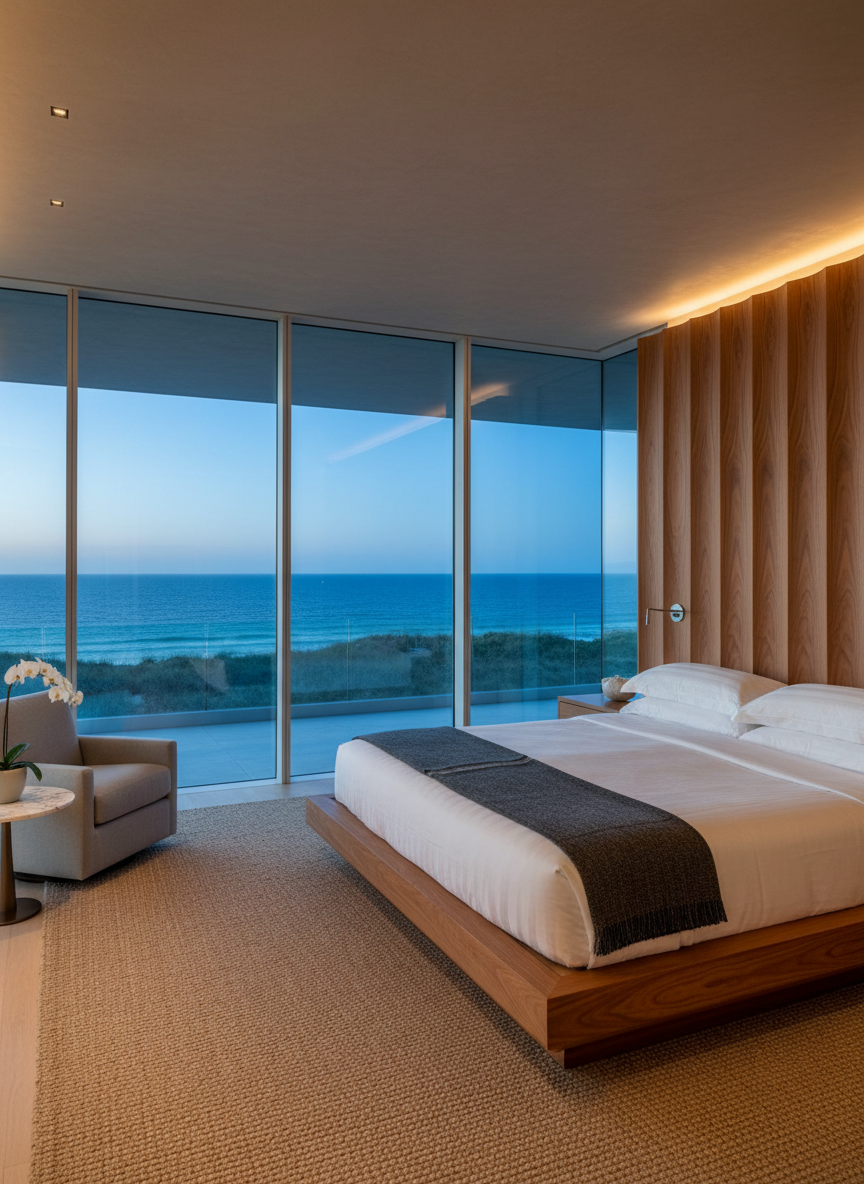 A luxurious oceanfront master suite with a king-sized platform bed framed by a sculpted headboard of warm, ribbed walnut, facing an uninterrupted wall of hurricane-rated glass that reveals the endless Atlantic. The bed is dressed in crisp white linens with a faint sheen, accented by charcoal woven throws. Outside, a cantilevered balcony with glass railings projects over engineered coastal dunes. Early evening blue hour light seeps in, blending cool ocean tones with the warm glow of recessed cove lighting hidden in the ceiling. In photographic realism, every texture—matte plaster walls, brushed stainless door hardware, tightly woven coastal rug—is sharply rendered. Captured from a corner angle with a balanced composition, the mood is serene, secure, and indulgently private, a sanctuary suspended above the sea.