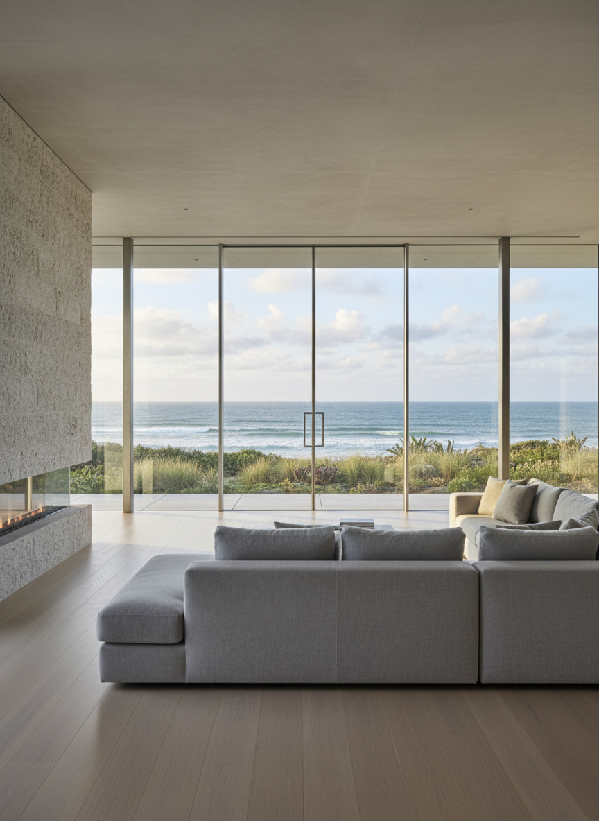 An expansive, glass-walled living space overlooking the Atlantic Ocean, featuring a low-profile sectional sofa in soft dove-grey performance fabric facing a minimalist linear gas fireplace set in textured limestone. Hurricane-impact glass sliders span the entire wall, framing a panoramic view of waves and sky, with salt-tolerant coastal landscaping visible on the terrace beyond. Soft, diffused morning light floods the room, creating gentle reflections on wide-plank oak floors and a polished concrete ceiling. Photographic realism captures subtle details like marine-grade stainless hardware and concealed structural steel columns. Shot at eye level with a wide lens, the composition feels open yet secure, conveying an atmosphere of calm, sophisticated refuge on the edge of powerful coastal elements.