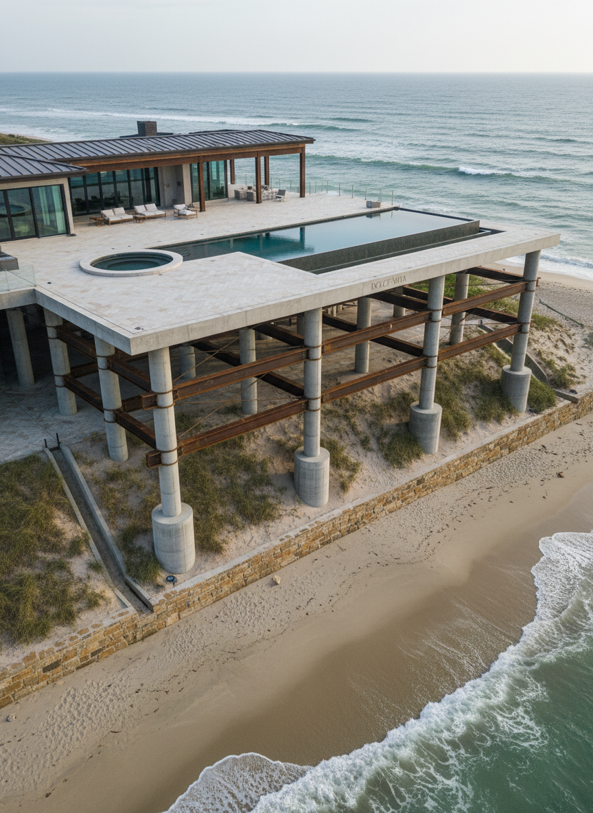 A dramatic, overhead, photographic-realistic view of Dolce Vita’s reinforced coastal foundation and engineered outdoor living spaces, revealing the structural “fortress” beneath the luxury. Massive concrete pilings, cross-braced steel beams, and elevated decks clad in porcelain pavers form a geometric pattern above a carefully sculpted dune system. Infinity-edge saltwater pool and elevated spa sit within this grid, their still surfaces reflecting a pale morning sky. The Atlantic surf rolls in below, separated from the residence by tiered, stone-clad seawalls and integrated drainage channels. Soft, slightly overcast light ensures even illumination, enhancing detail without harsh shadows. The composition, captured from a bird’s-eye perspective, balances technical precision and aesthetic elegance, conveying a mood of confident resilience and refined coastal engineering—beauty literally built on strength.